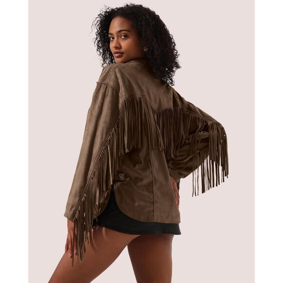 Women's Faux Suede Fringe Jacket Vintage Western Cowgirl Tassel Jackets Coffee - Picture 2 of 7
